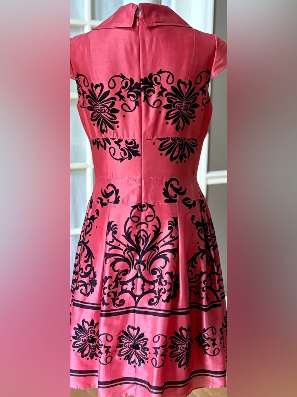 Coral Satin Fit Flare Dress Black Baroque Print Retro Collared Party - Picture 6 of 12